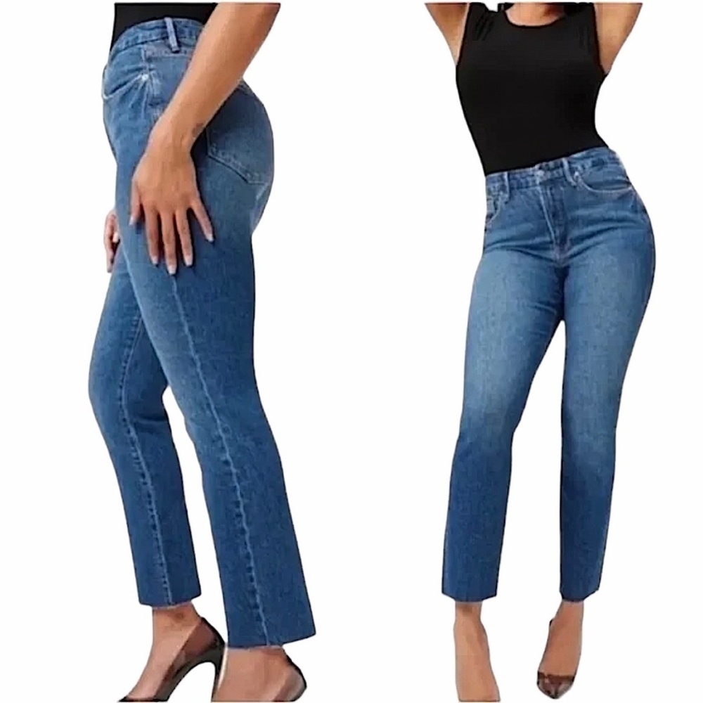GOOD AMERICAN Good Classic Raw Hem Jeans Straight High Rise